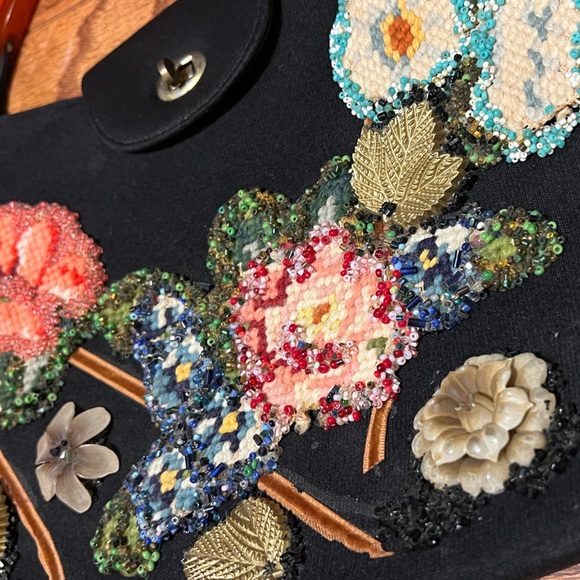 Floral Colorful Embellished Black Handbag with Needlework - Picture 3 of 7